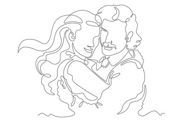 Continuous one line drawing hugs of a couple in love. Lovers hug. Tenderness and love. Man and woman. One continuous line isolated minimal illustration.Not AI.