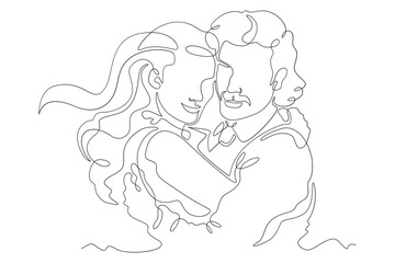 Continuous one line drawing hugs of a couple in love. Lovers hug. Tenderness and love. Man and woman. One continuous line isolated minimal illustration.Not AI.