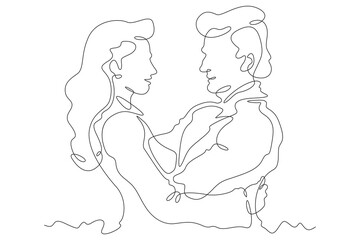 Continuous one line drawing hugs of a couple in love. Lovers hug. Tenderness and love. Man and woman. One continuous line isolated minimal illustration.Not AI.