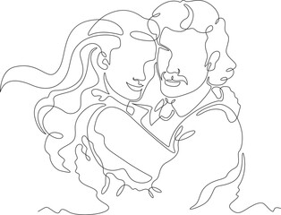 Continuous one line drawing hugs of a couple in love. Lovers hug. Tenderness and love. Man and woman. One continuous line isolated minimal illustration.Not AI.