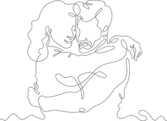 Continuous one line drawing hugs of a couple in love. Lovers hug. Tenderness and love. Man and woman. One continuous line isolated minimal illustration.Not AI.