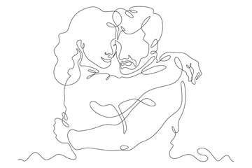 Continuous one line drawing hugs of a couple in love. Lovers hug. Tenderness and love. Man and woman. One continuous line isolated minimal illustration.Not AI.