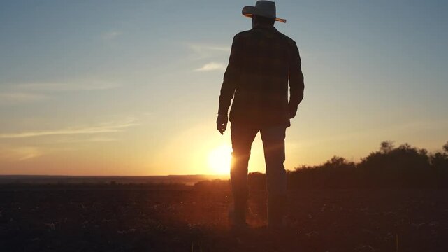 Agriculture. Silhouette of a farmer walking in the field. Landscape fresh harvest concept. Farmer walks through the soils. Silhouette of lifestyle farmer walking through the field in soild soil.