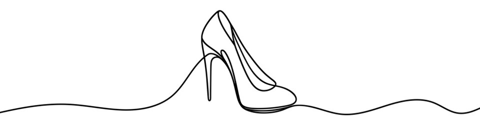 Elegant high heels shoes are drawn with one continuous line on a white background. Minimalist and fashionable illustration