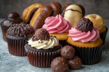 Composite of cupcakes, chocolate truffles, and eclairs, presenting a delectable assortment of sweets.
