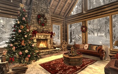 Rustic Cabin Christmas Living Room A cozy log cabin living room with a large, rustic Christmas tree 
