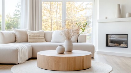 Scandinavian Living Room with Wooden Table and Corner Fireplace