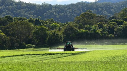Tranquil Tractor Spraying Lush Green Field Against a backdrop of a Verdant Forest
