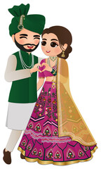 Bride and groom cute couple indian dress cartoon character