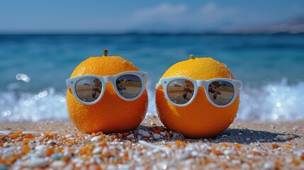 Two oranges wearing sunglasses on a beach.