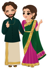 Bride and groom cute couple indian dress cartoon character