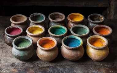 Traditional Indian Pottery with Colors Clay pots filled with vibrant powdered colors, arranged neatly on a rustic surface, evoking traditional Holi celebrations.