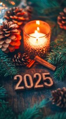 Cozy rustic decoration featuring 2025 with pine cones, cinnamon, and candles for New Year celebration