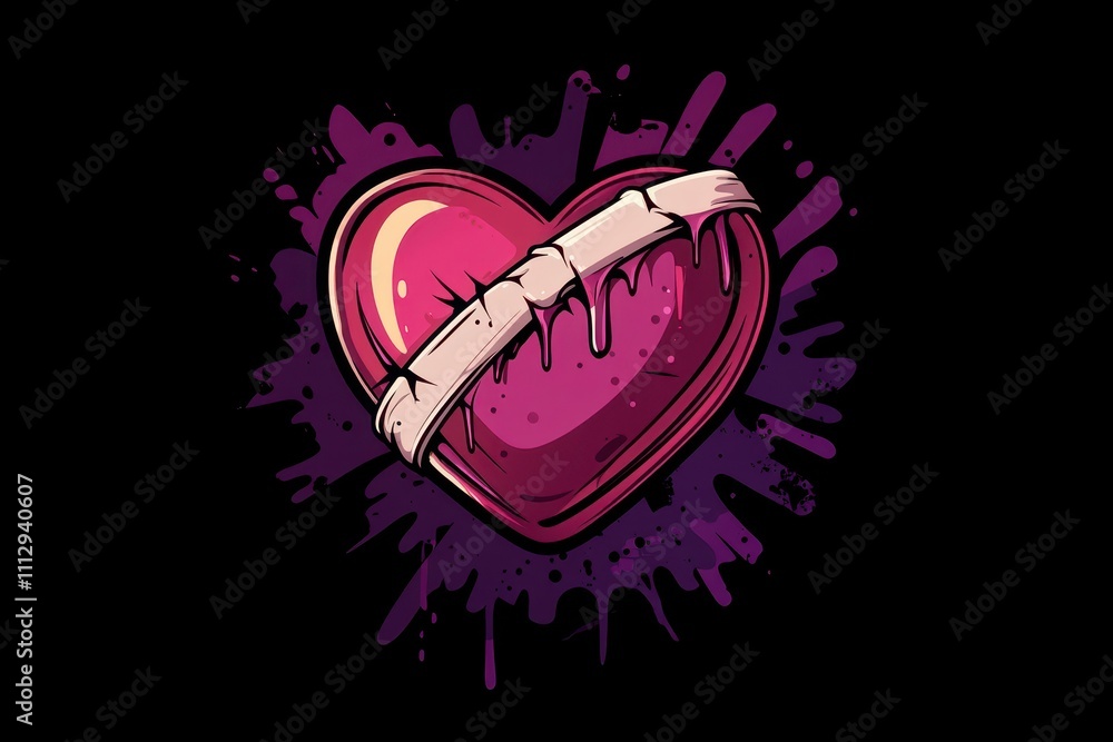 Poster heart design with stitches and drips on a dark background showcasing a unique artistic style