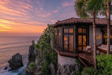 Coastal retreat at twilight overlooking the ocean from a charming cottage on a rocky cliff
