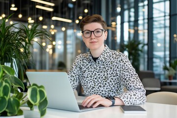 AI developer focusing on code in a bright contemporary workspace with greenery and natural light