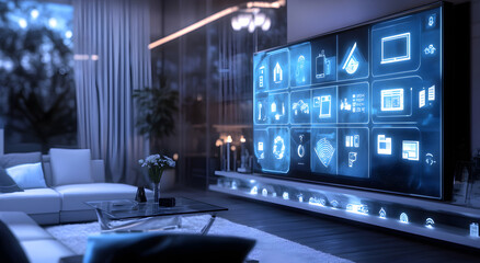 Modern Connected Living Room with Holographic Control Panels, AI GENERATIVE 