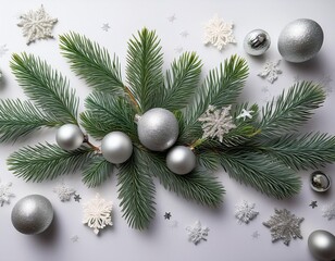 Christmas twig with a bunch of silver balls and snowflakes. The snowflakes are scattered around the tree and the balls are placed on the branches
