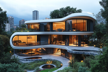 Modern Curvilinear House nestled in Lush Green Landscape