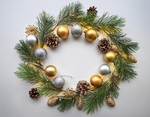 Christmas wreath with pine cones and gold and silver balls. The pine cones are on the left and the balls are on the right