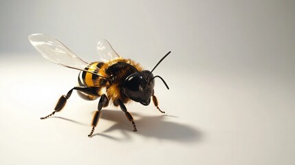 Close-up of a honeybee on a white background. The bee's intricate details are beautifully highlighted, showcasing its hairy body and transparent wings.