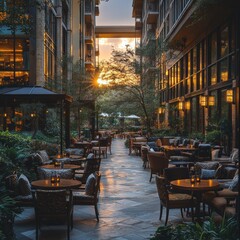A serene outdoor seating area with tables and chairs, illuminated by sunset.