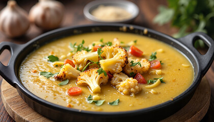 Creamy cauliflower soup with vegetables in black bowl