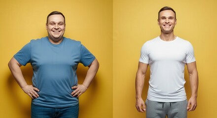 Transformation journey of two young caucasian males with varied body types on a yellow background