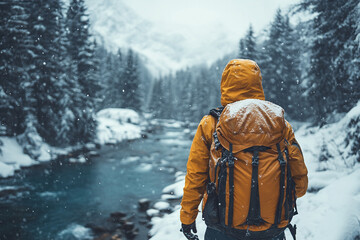 Solo Hiker in Snowy Mountain Winter Landscape