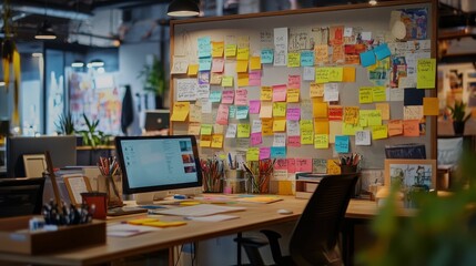 Workspace: computer, desk, colorful notes, supplies.