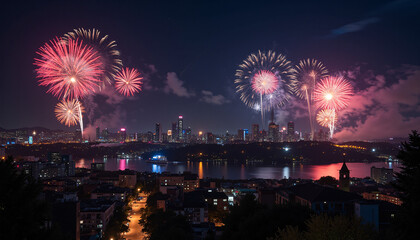 Spectacular Pink and Red Fireworks Display over Urban Nighttime Cityscape