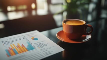 Coffee, charts, and a dark table.