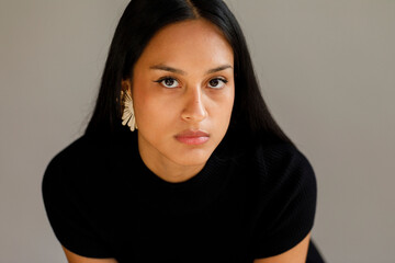 woman gazes intensely 