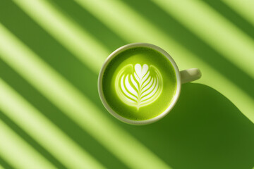flat lay cup of bright matcha latte with latte art on a green background in trendy grape green color for 2025