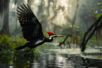 Ivory-billed Woodpecker in flight over a flooded forest, hyper-realistic, dramatic composition