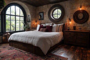 Rustic Master Bedroom with Stone Walls and Large Windows