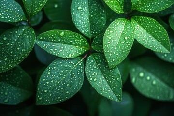 Fototapeta premium Many green leaves with water droplets on them