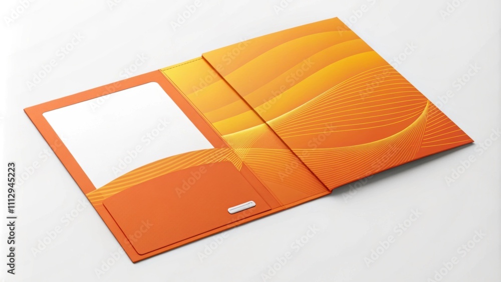 Poster modern orange folder mockup showcasing a wavy design, open and displaying an empty space for present