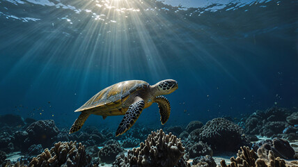 Obraz premium Serene Sea Turtle Gliding Through Luminous Waters Amid Spectacular Coral Gardens