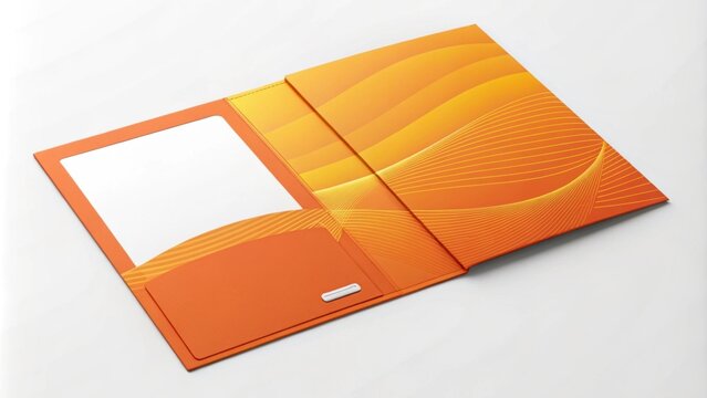 Modern orange folder mockup showcasing a wavy design, open and displaying an empty space for presentations, with a pocket on the left side