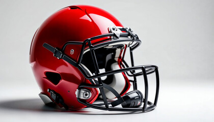 Fototapeta premium A red American football helmet with a black facemask, highlighted against a white background.