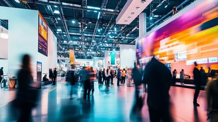 A vibrant trade event showcases sleek booths and diverse attendees engaged in dynamic discussions. © klss777