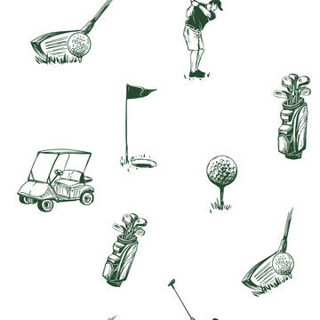 Golf sketch seamless pattern. Sports tools vector illustration. Hand drawn vintage style, isolated