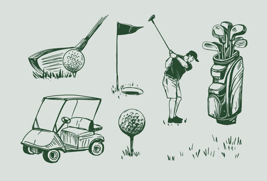 Golf sketch set. Sports tools vector illustration. Hand drawn vintage style, isolated