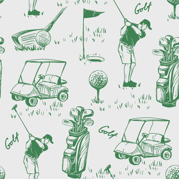 Golf sketch seamless pattern. Sports tools vector illustration. Hand drawn vintage style, isolated