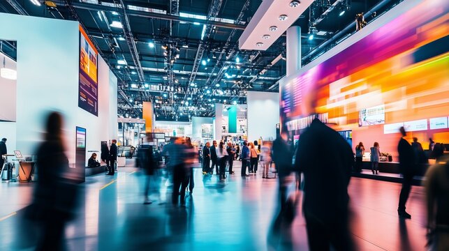 A vibrant trade event showcases sleek booths and diverse attendees engaged in dynamic discussions.