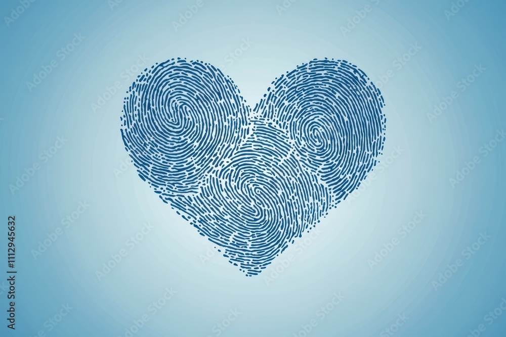 Poster heart shape created from intricate blue fingerprint patterns on a light blue background