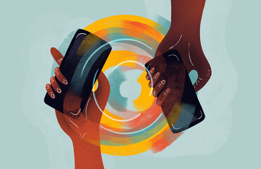 Hands exchanging smartphones in a colorful digital interaction