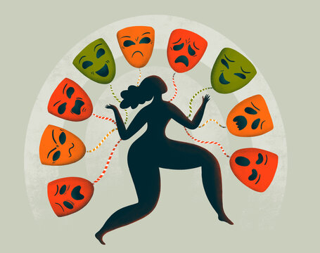 A woman expressing emotions through theatrical masks in creative art
