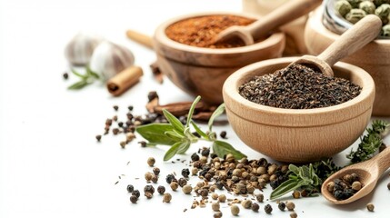 Assorted spices and herbs in wooden bowls on white background